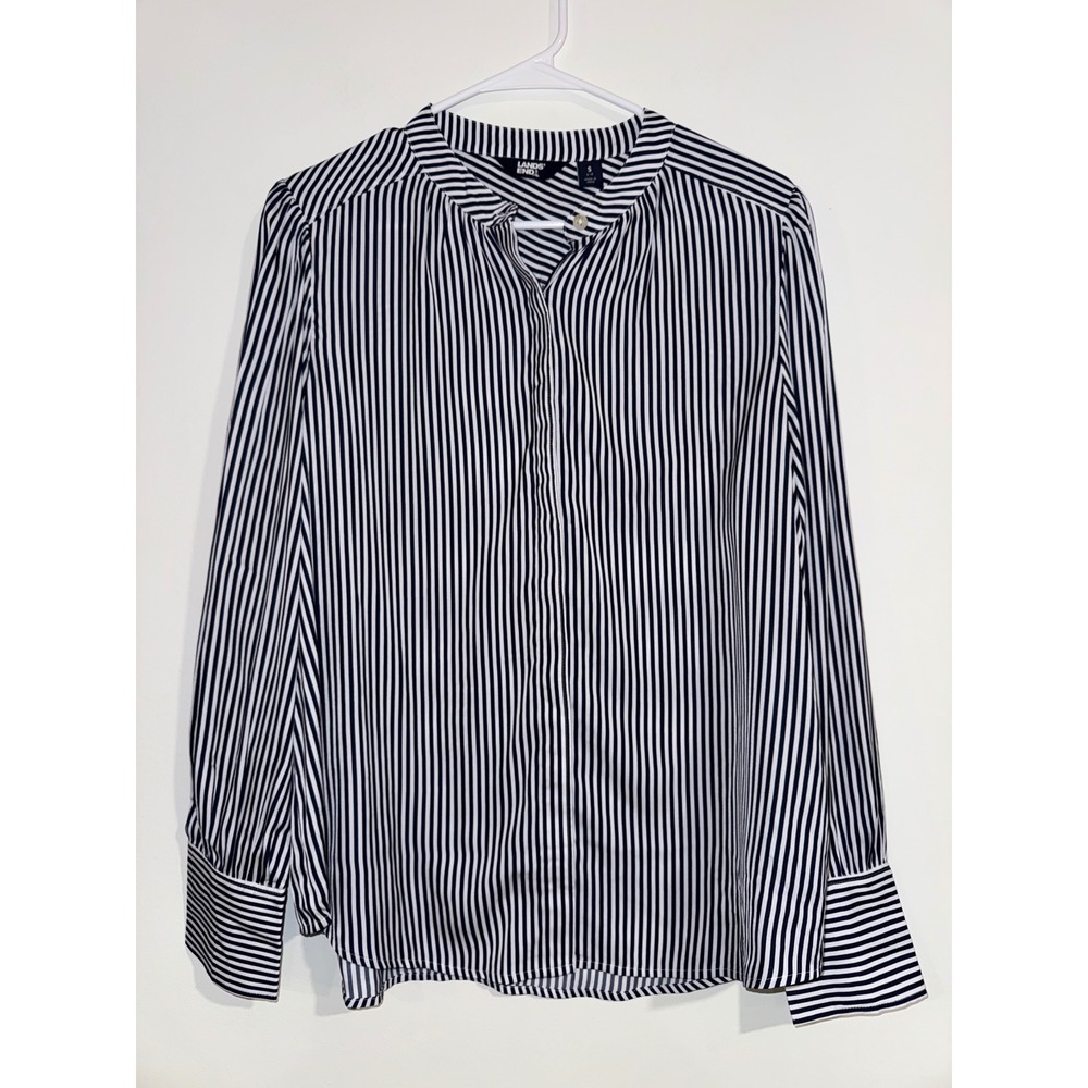 nautical summer Lands'‎ End Striped Band Collar Blouse Women S Navy White Office